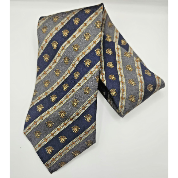 Gianni Versace Vintage Silk Medusa Tie Navy Gray Gold - Picture 7 of 10